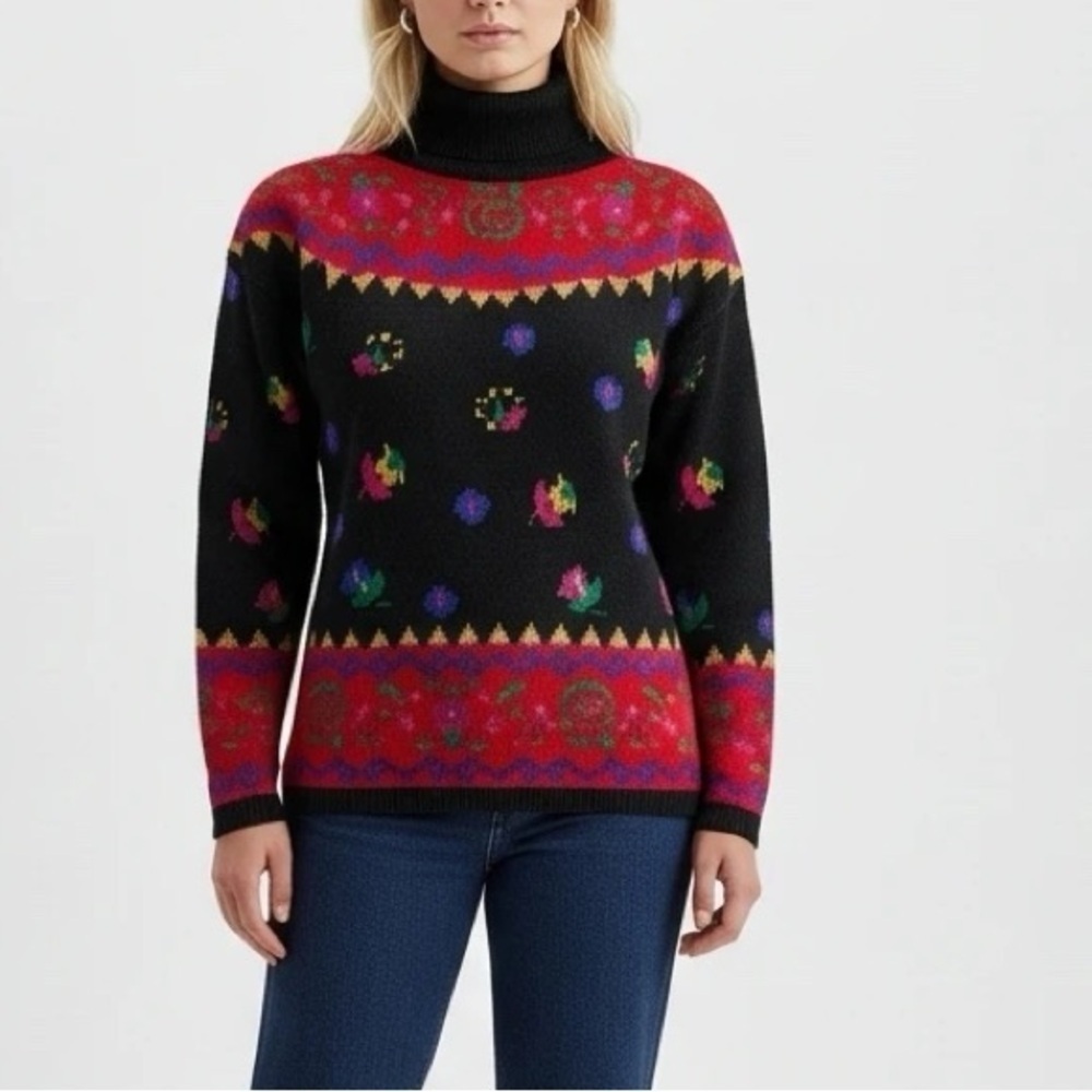 IVY Vintage Style Floral Turtle Neck Knit Sweater